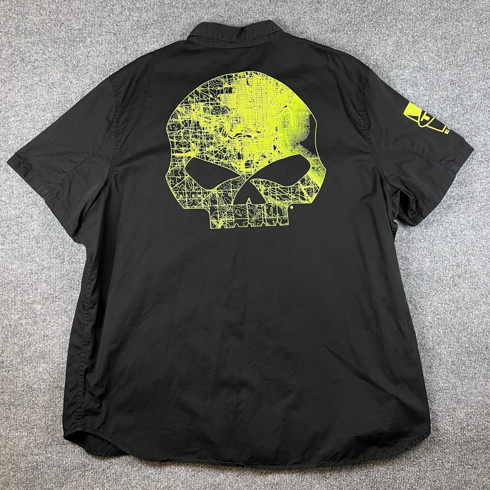 Harley Davidson Shirt Mens 3XL Black Green Skull Milwaukee Riding Button Up